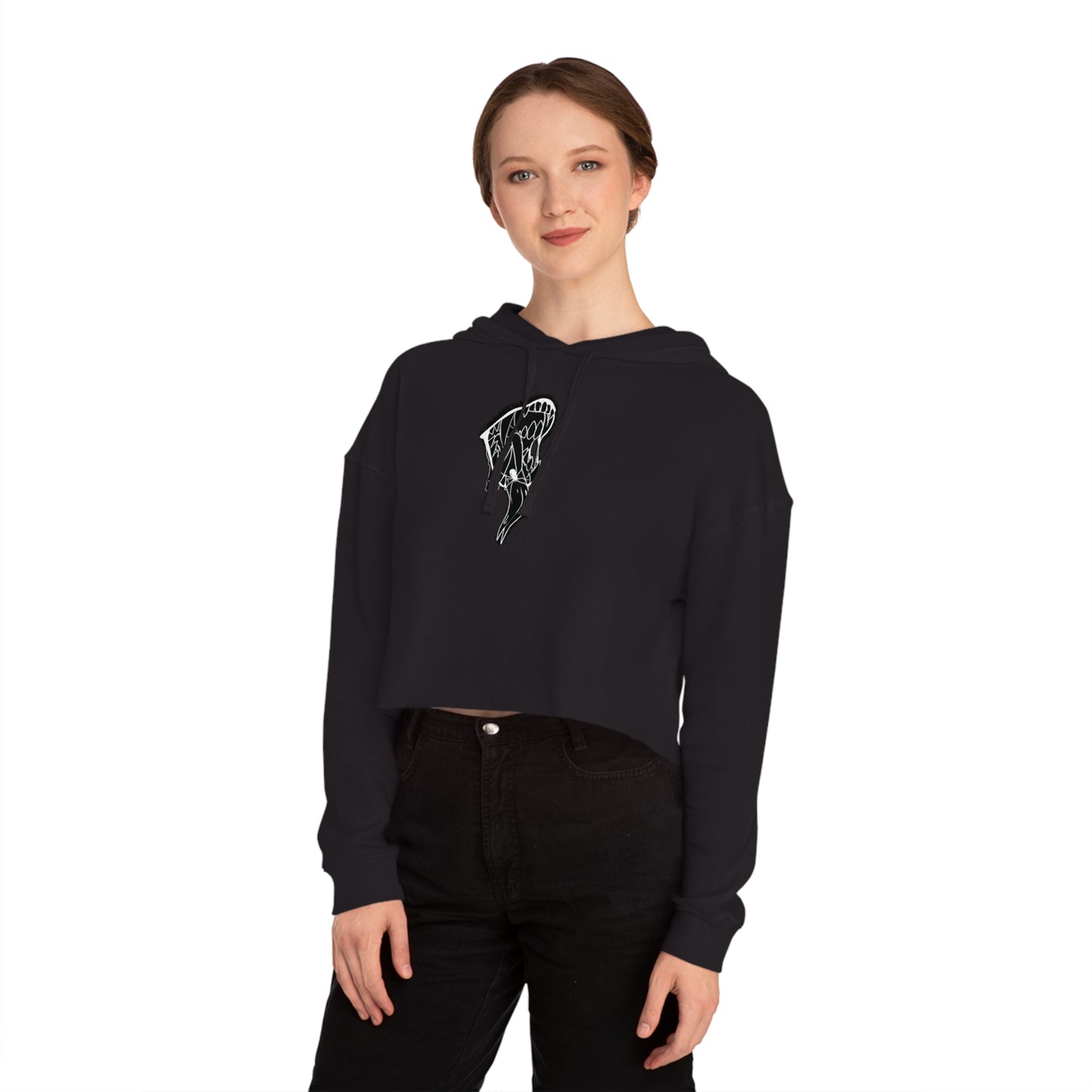 Cropped Hoodie — Black Abstract Shark Graphic