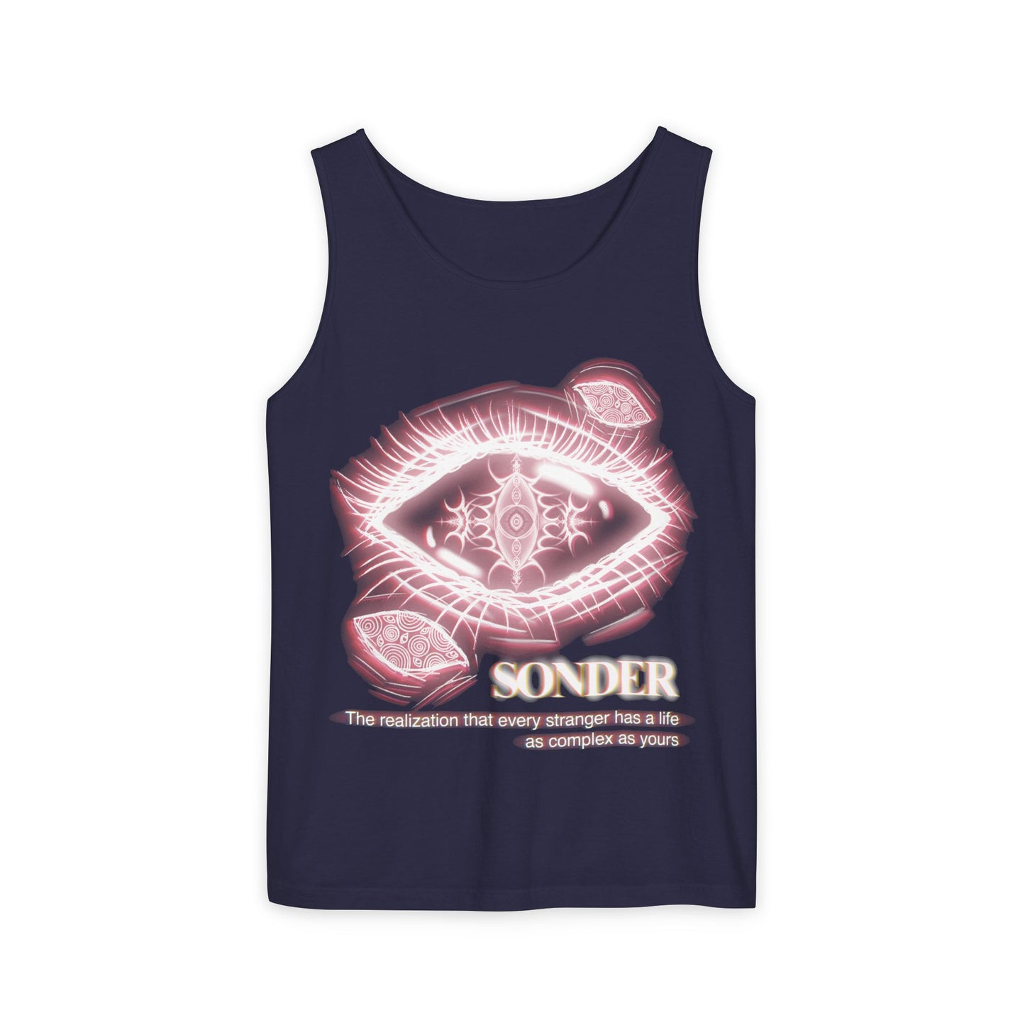 Sonder eye illustration Tank Top | mystical eye graphic, neon pink text
