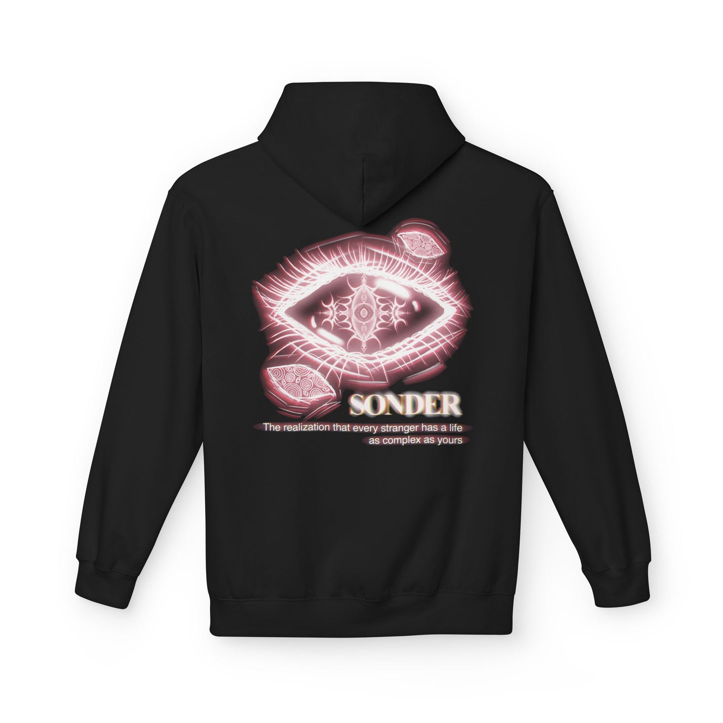 Sonder eye illustration Hoodie | Back graphic, neon pink text