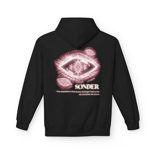 Sonder eye illustration Hoodie | Back graphic, neon pink text