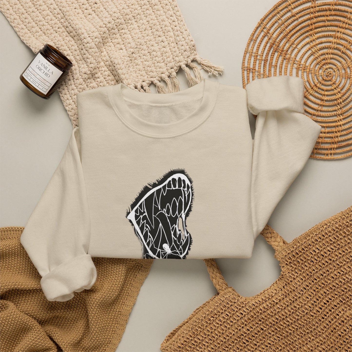Snake Skull Illustration Crewneck Sweatshirt | Gothic Snake Sleeve Art