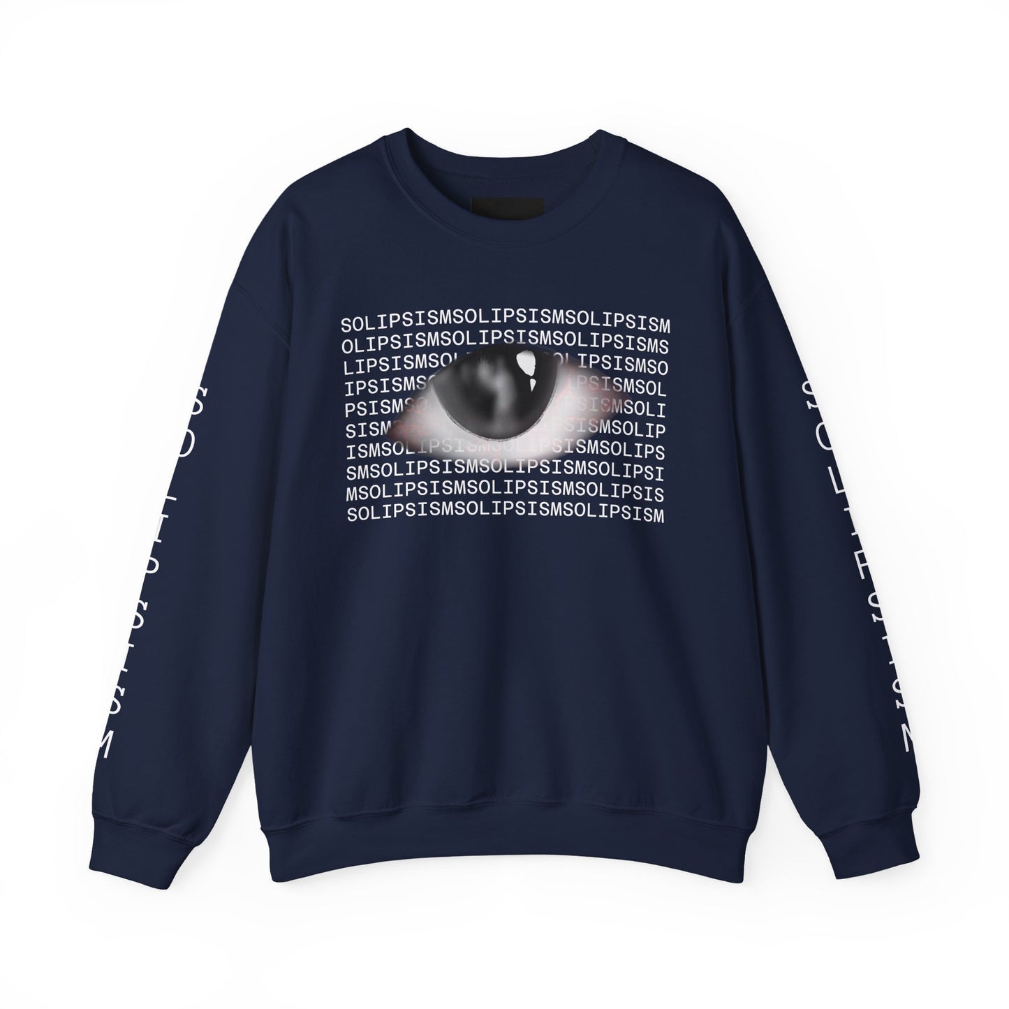 Solipsism Eye Graphic Crewneck Sweatshirt | Typographic Sleeve Print
