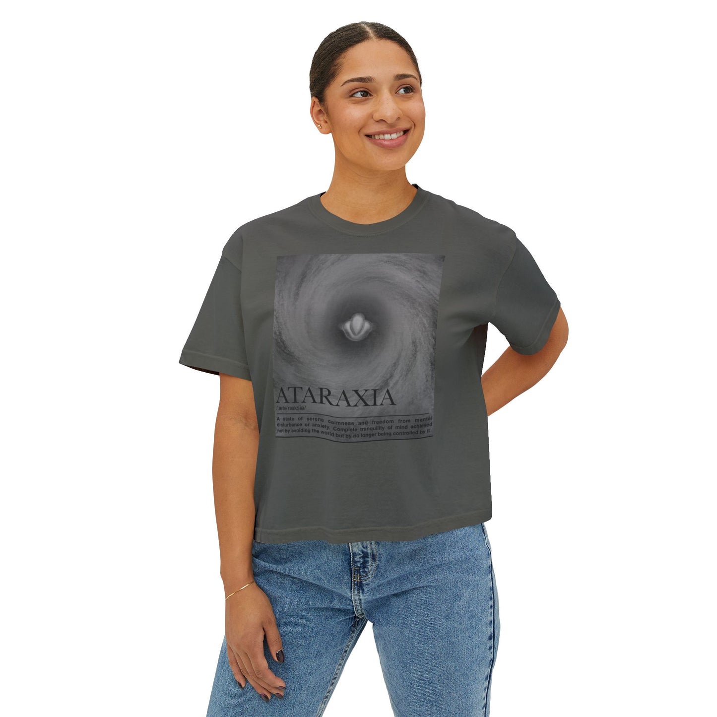 Ataraxia Swirl graphic Women's Tee | Calm Mind, Minimal Monochrome