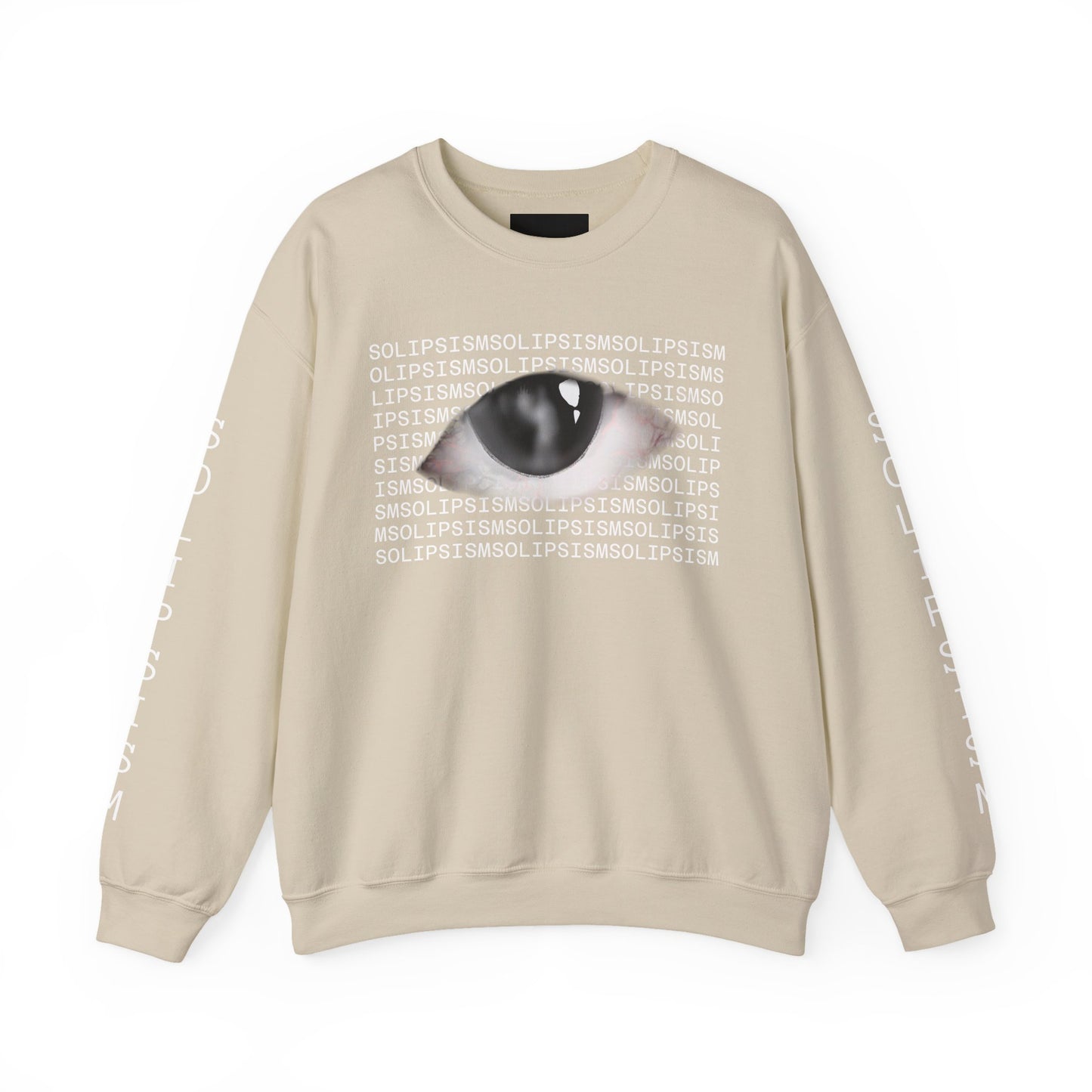 Solipsism Eye Graphic Crewneck Sweatshirt | Typographic Sleeve Print