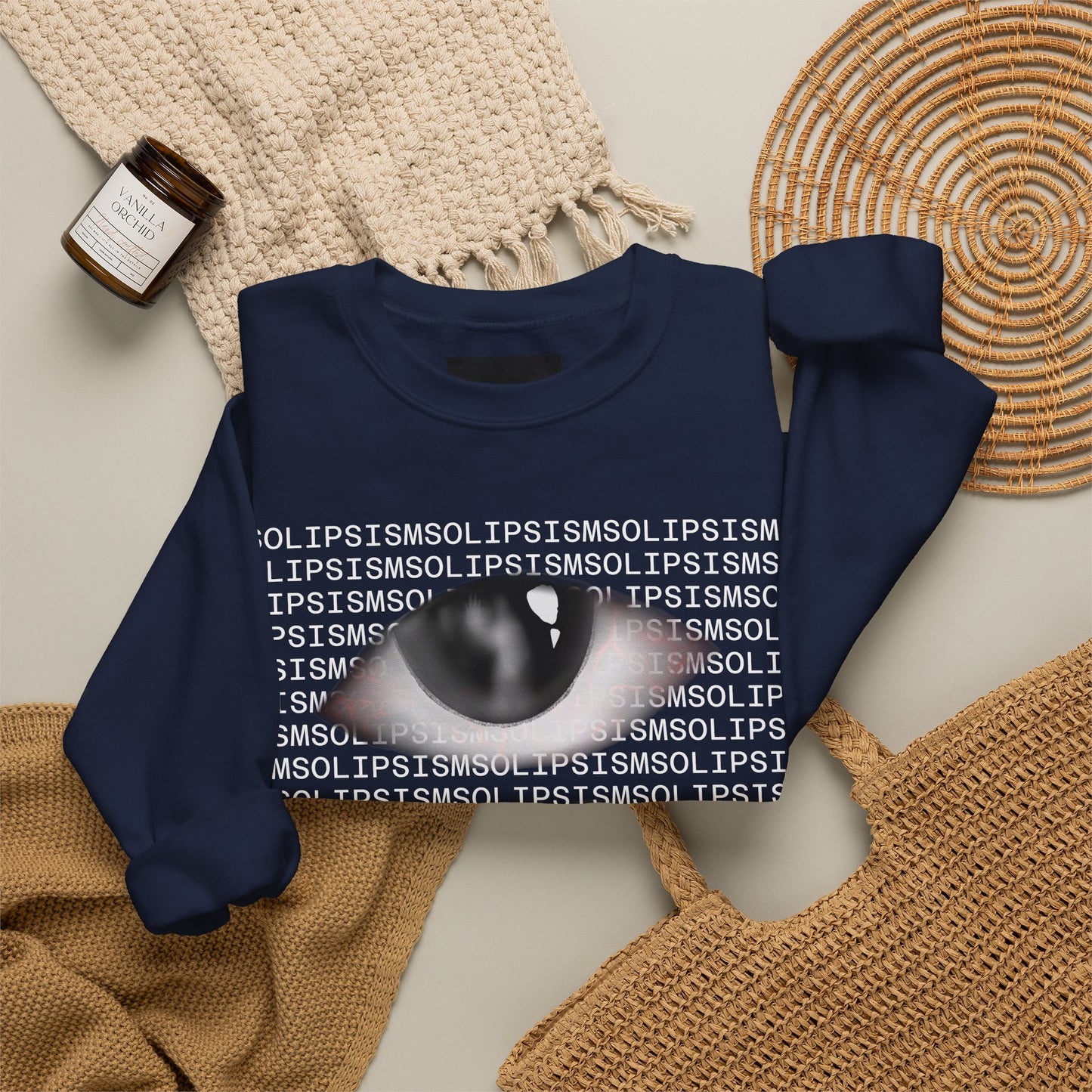 Solipsism Eye Graphic Crewneck Sweatshirt | Typographic Sleeve Print