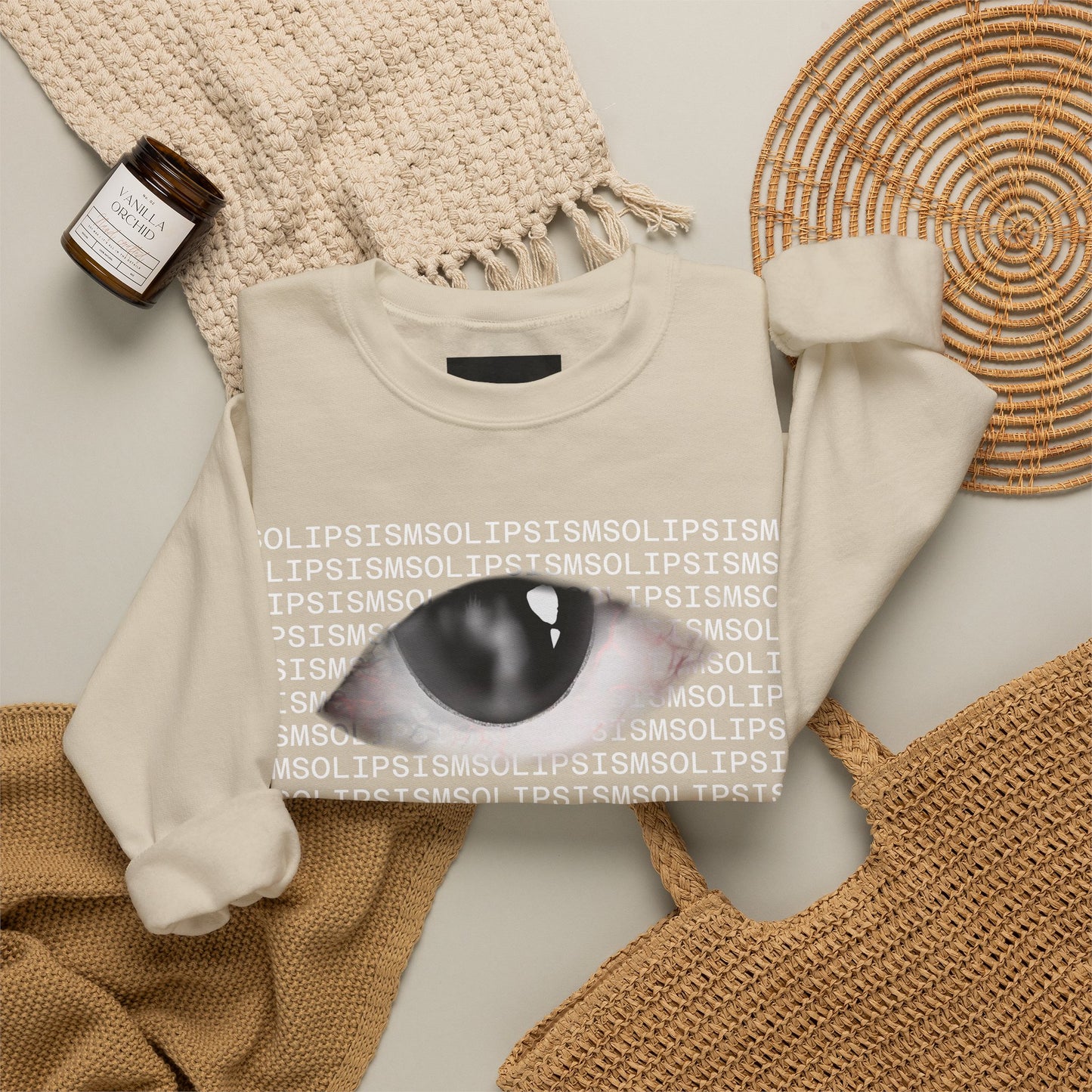 Solipsism Eye Graphic Crewneck Sweatshirt | Typographic Sleeve Print