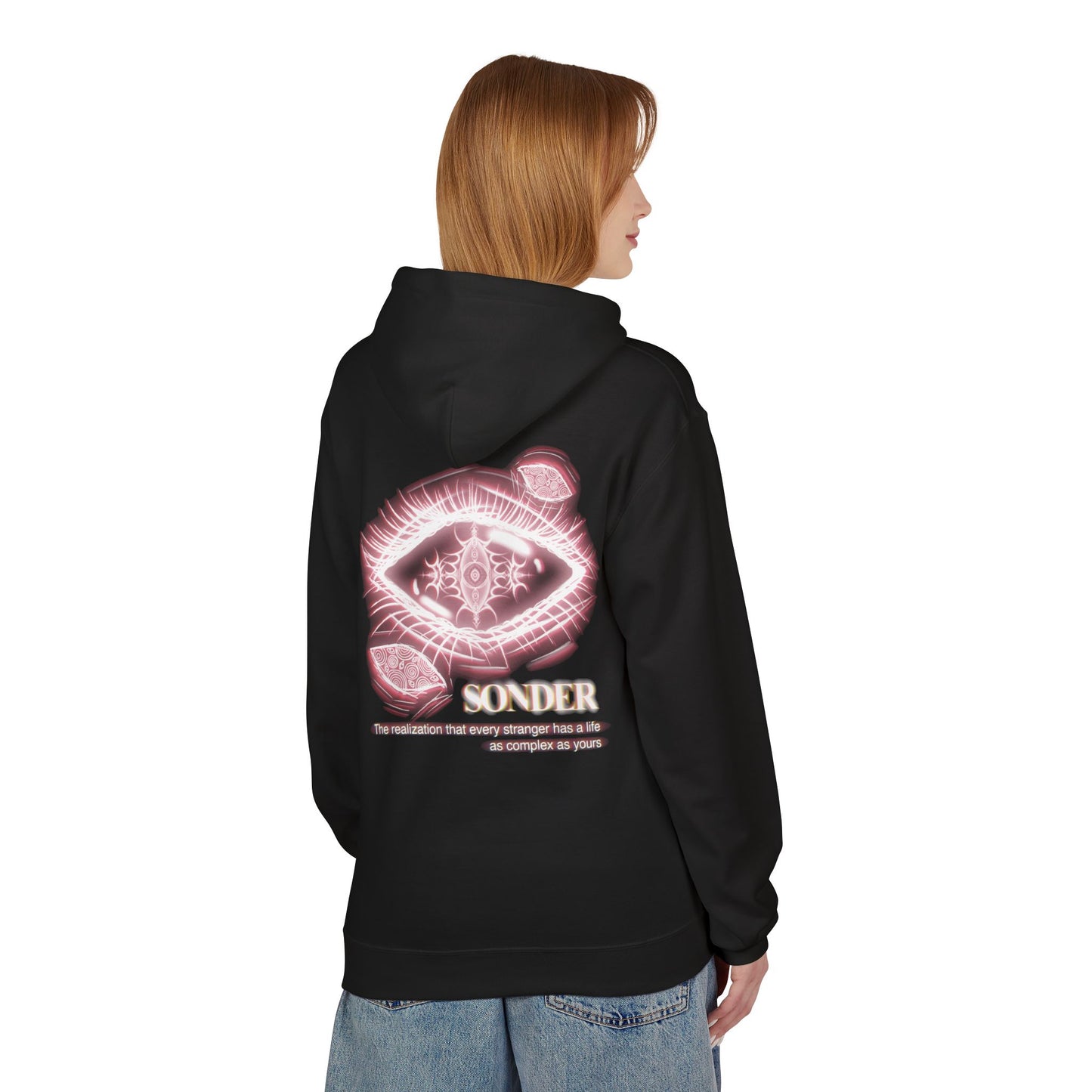 Sonder eye illustration Hoodie | Back graphic, neon pink text