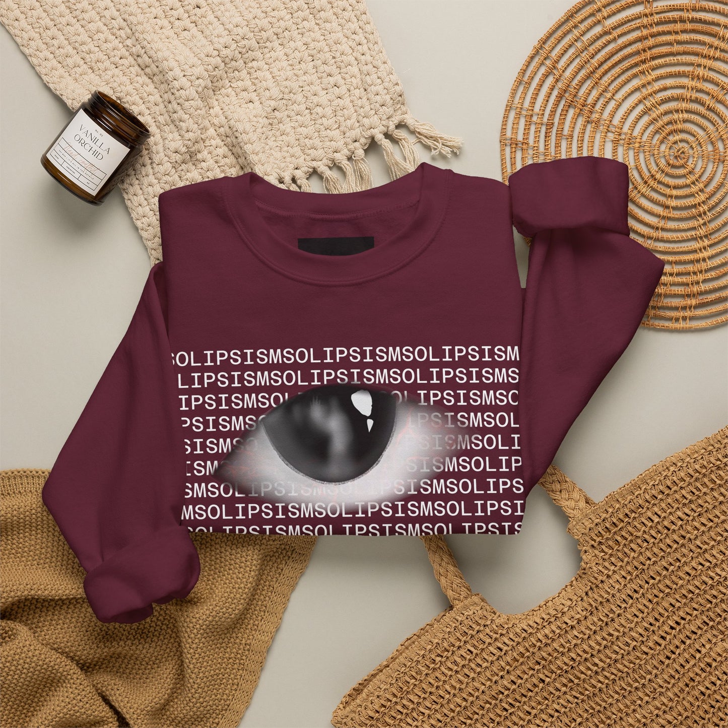 Solipsism Eye Graphic Crewneck Sweatshirt | Typographic Sleeve Print