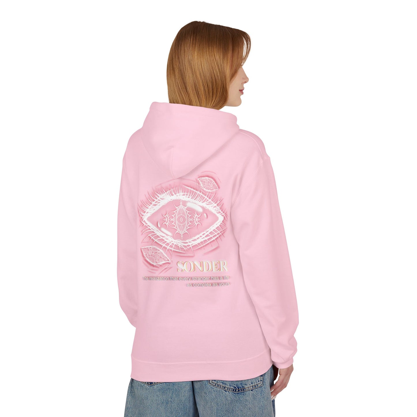 Sonder eye illustration Hoodie | Back graphic, neon pink text
