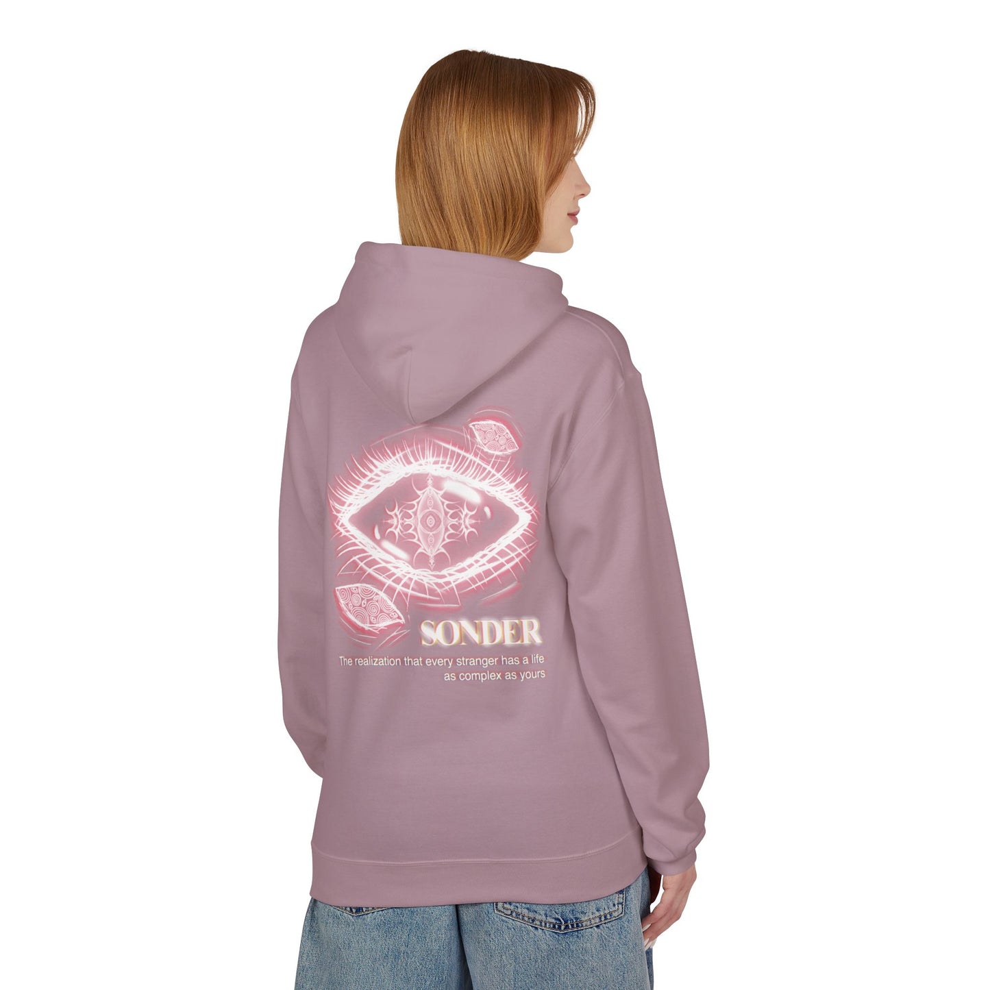Sonder eye illustration Hoodie | Back graphic, neon pink text