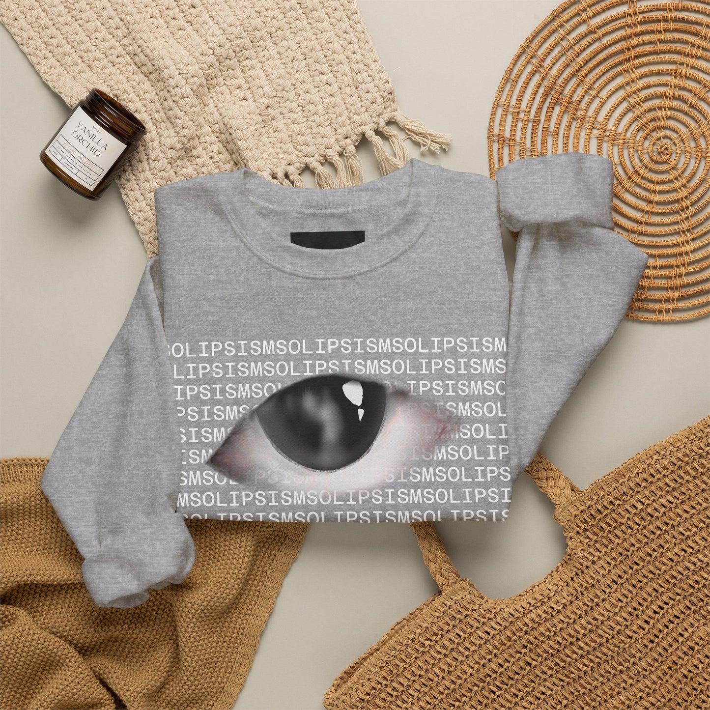 Solipsism Eye Graphic Crewneck Sweatshirt | Typographic Sleeve Print