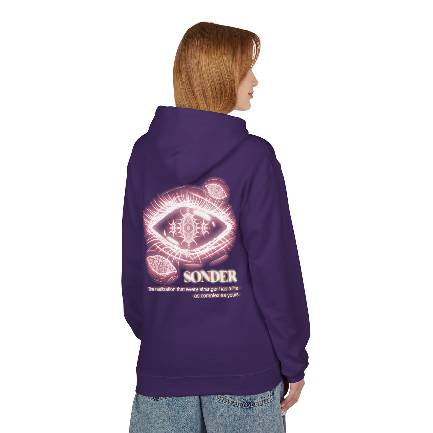 Sonder eye illustration Hoodie | Back graphic, neon pink text