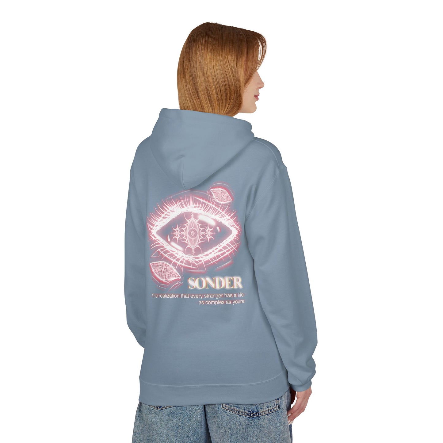 Sonder eye illustration Hoodie | Back graphic, neon pink text