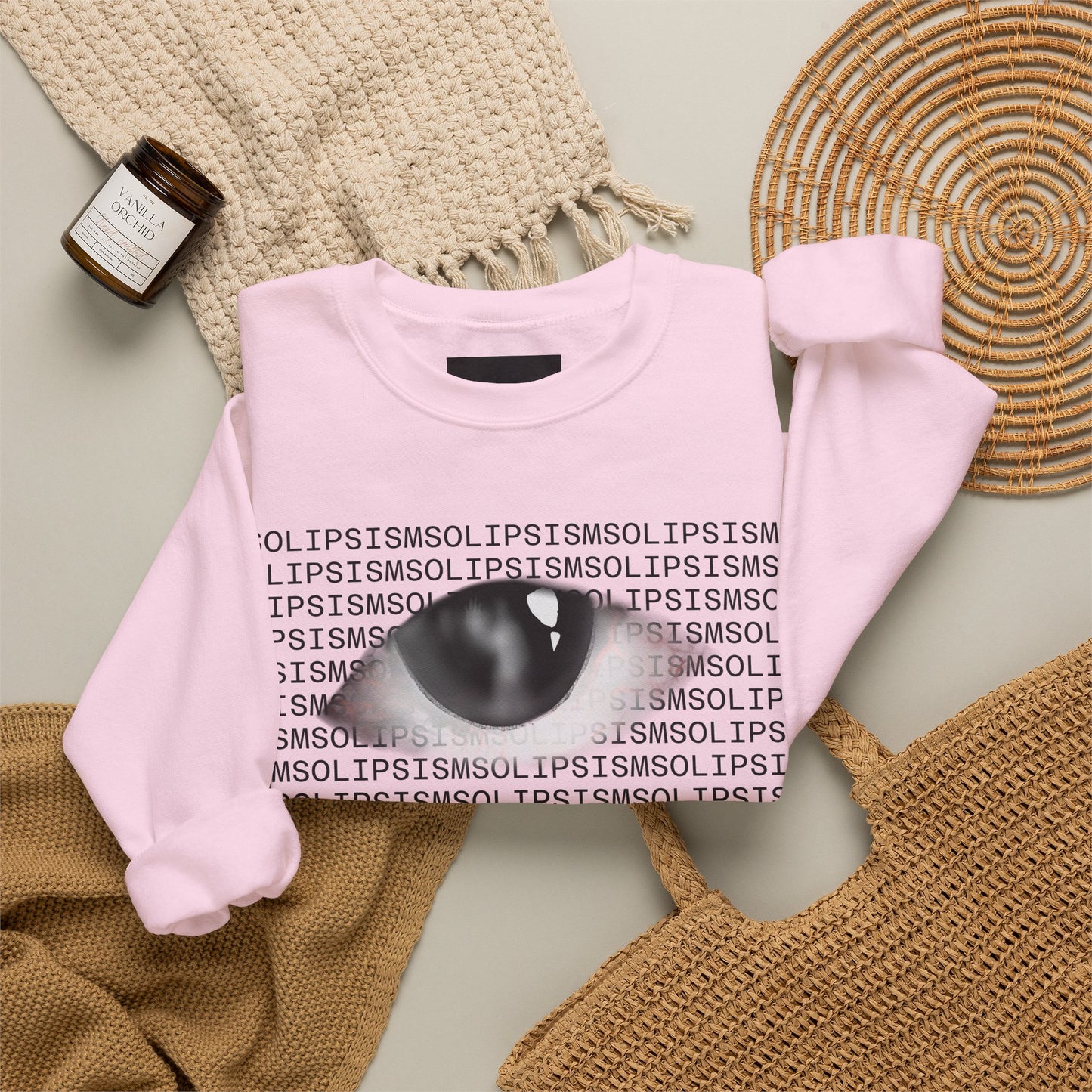Solipsism Eye Graphic Crewneck Sweatshirt | Typographic Sleeve Print