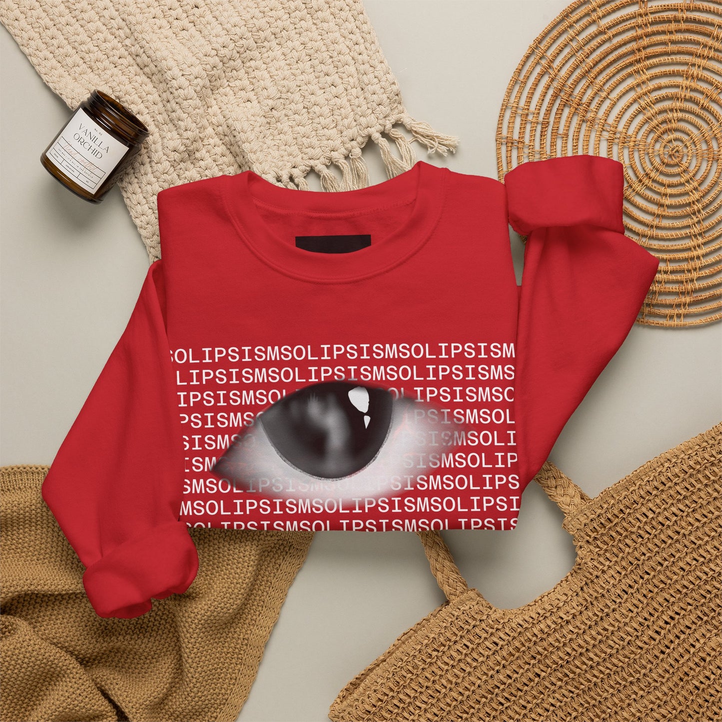 Solipsism Eye Graphic Crewneck Sweatshirt | Typographic Sleeve Print