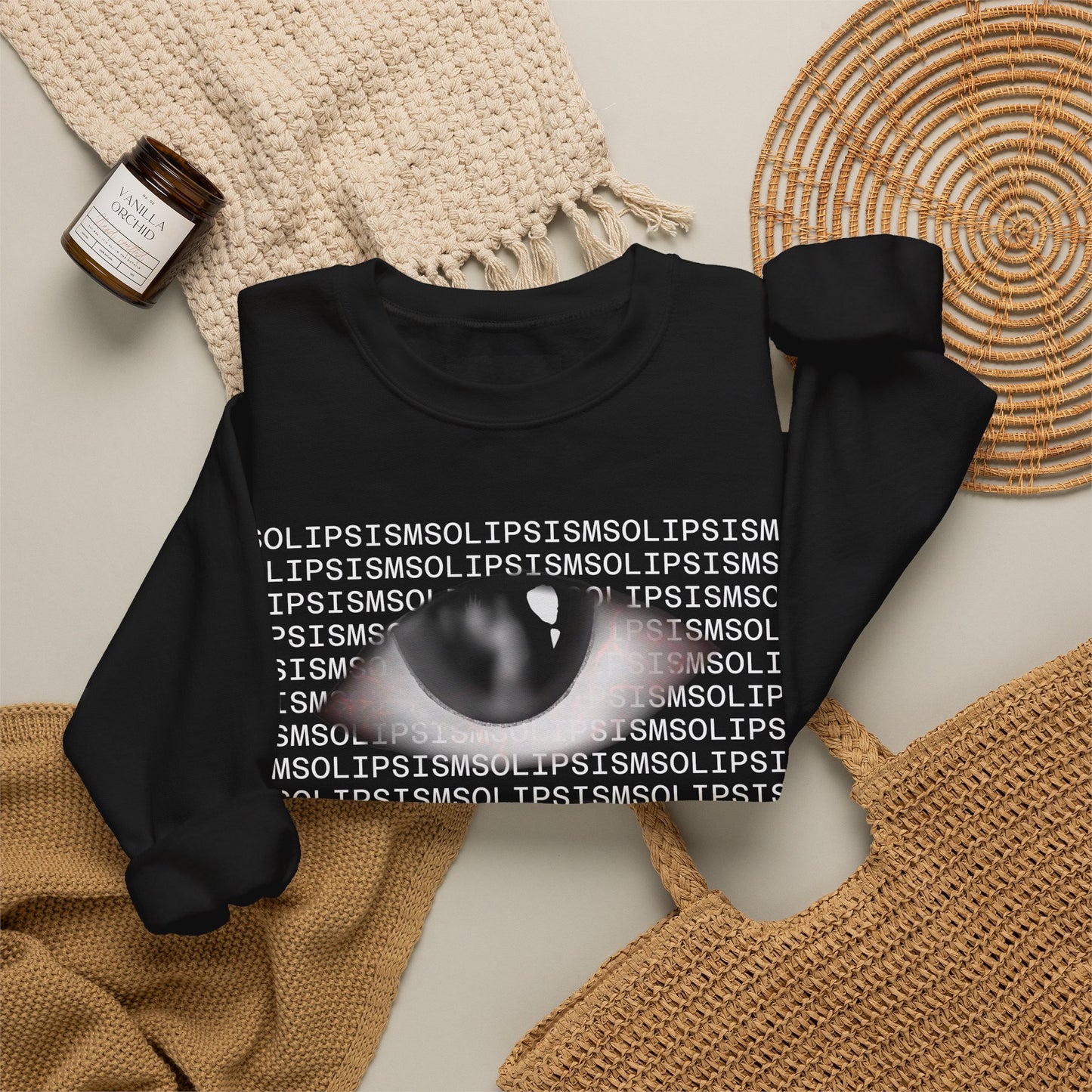 Solipsism Eye Graphic Crewneck Sweatshirt | Typographic Sleeve Print