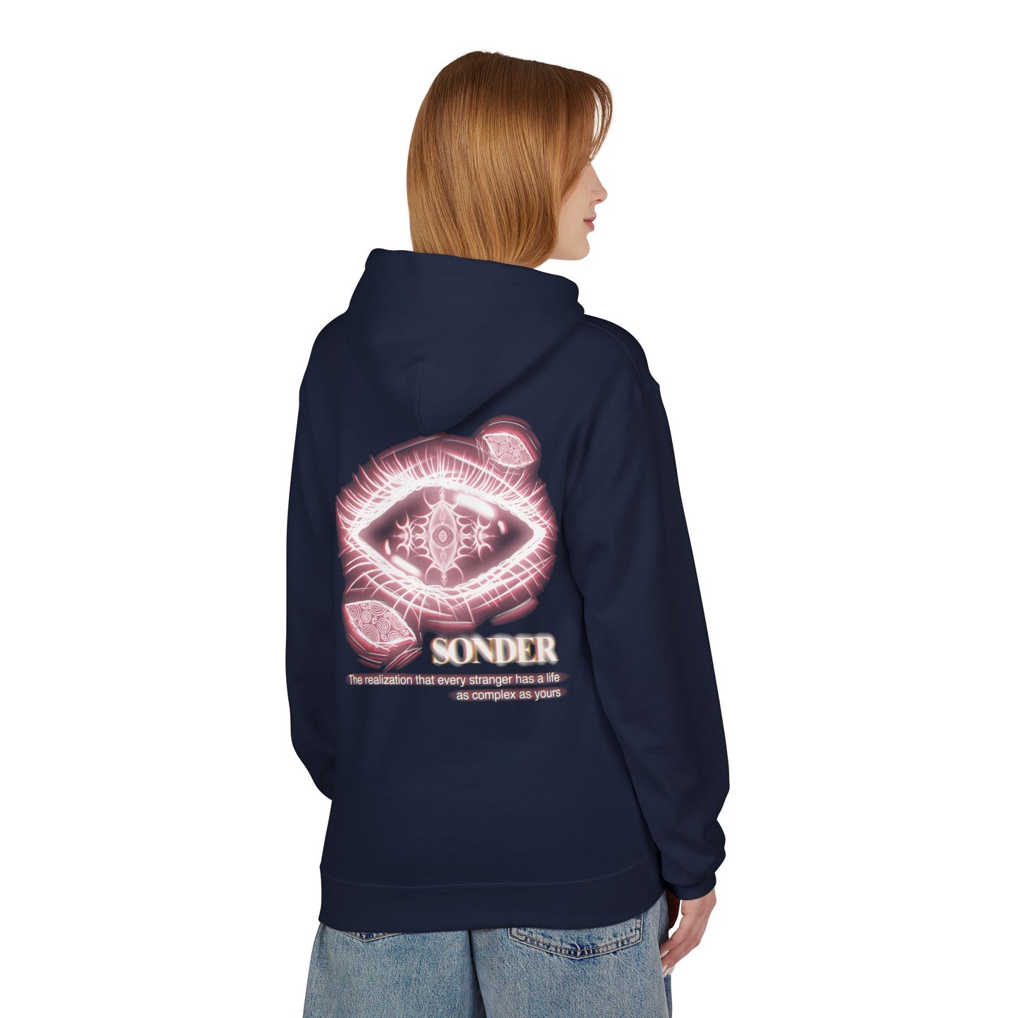 Sonder eye illustration Hoodie | Back graphic, neon pink text