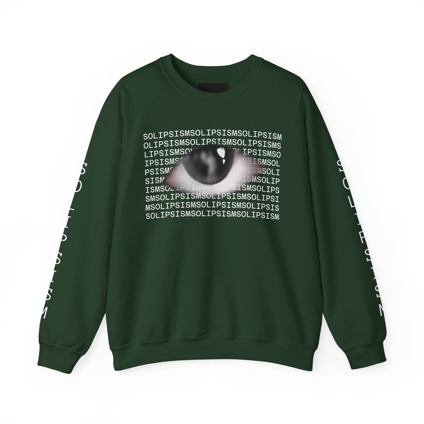 Solipsism Eye Graphic Crewneck Sweatshirt | Typographic Sleeve Print