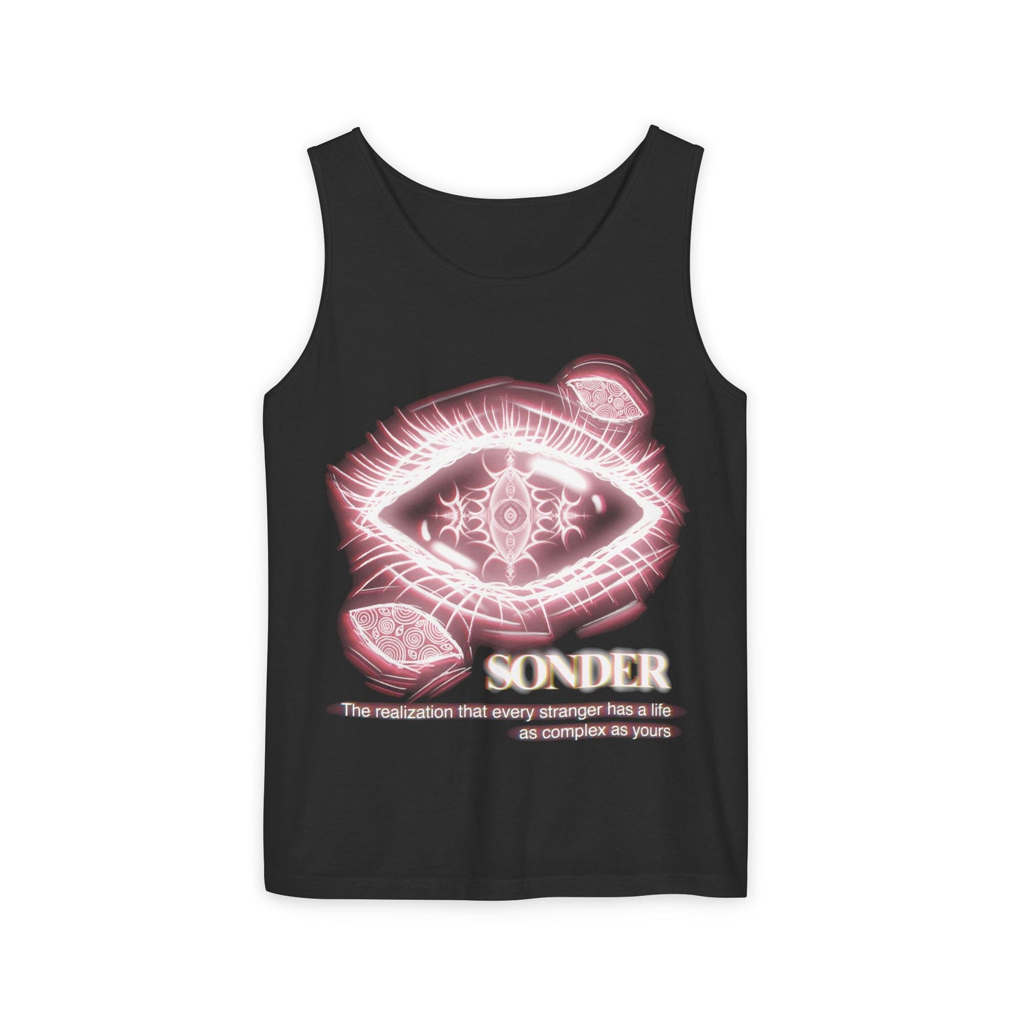 Sonder eye illustration Tank Top | mystical eye graphic, neon pink text