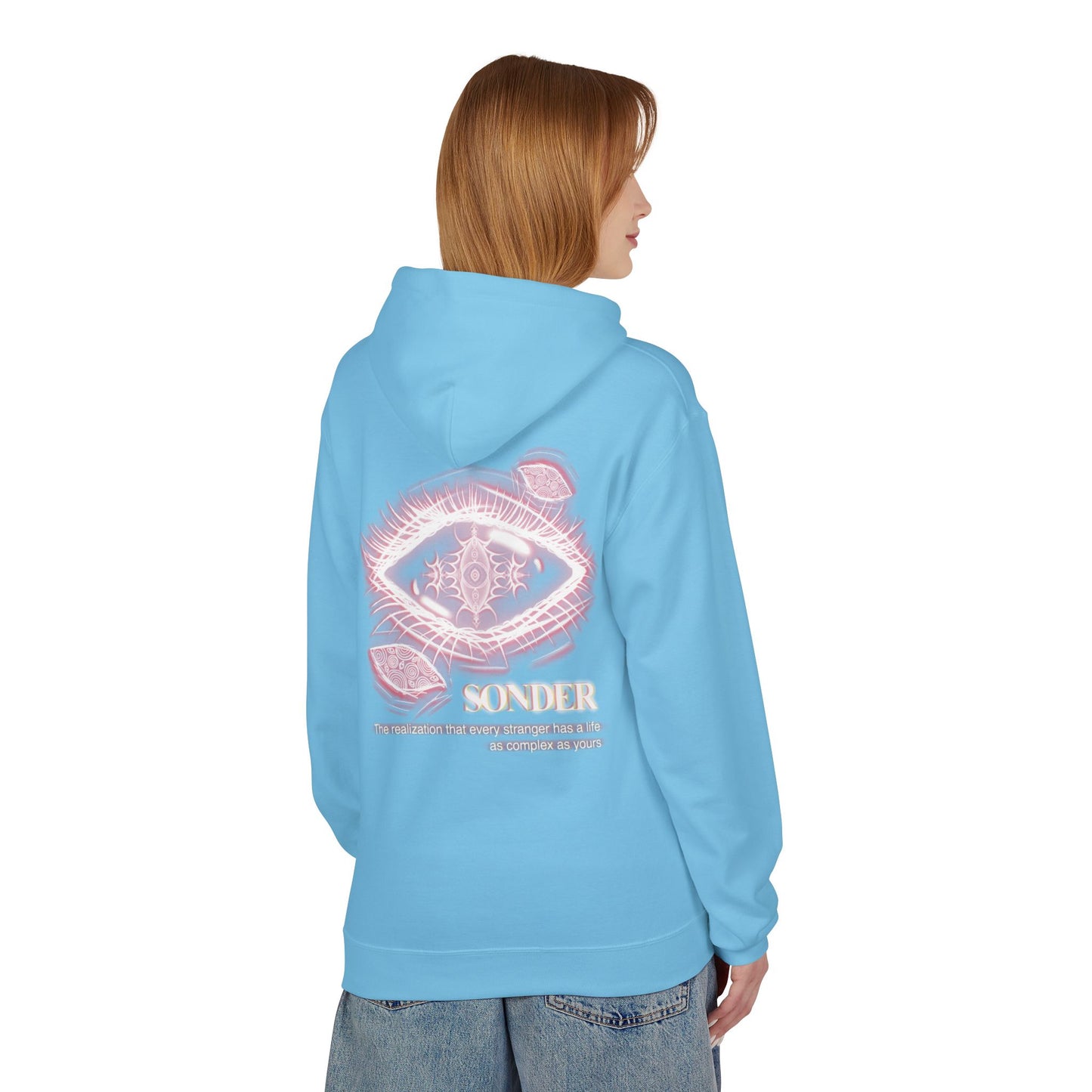 Sonder eye illustration Hoodie | Back graphic, neon pink text