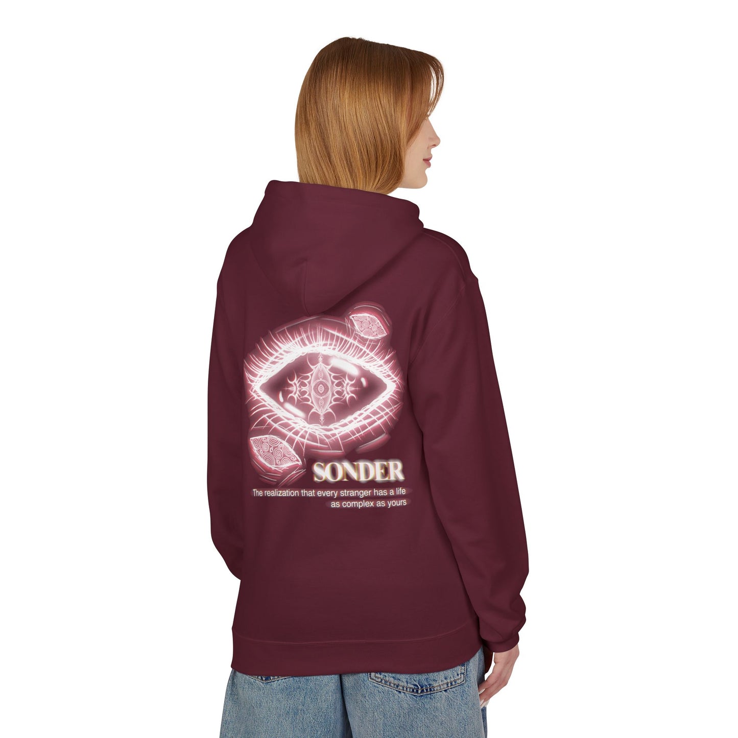 Sonder eye illustration Hoodie | Back graphic, neon pink text