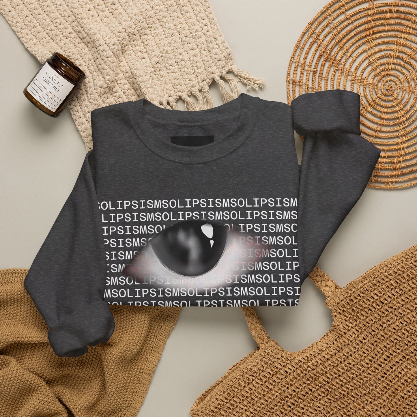 Solipsism Eye Graphic Crewneck Sweatshirt | Typographic Sleeve Print