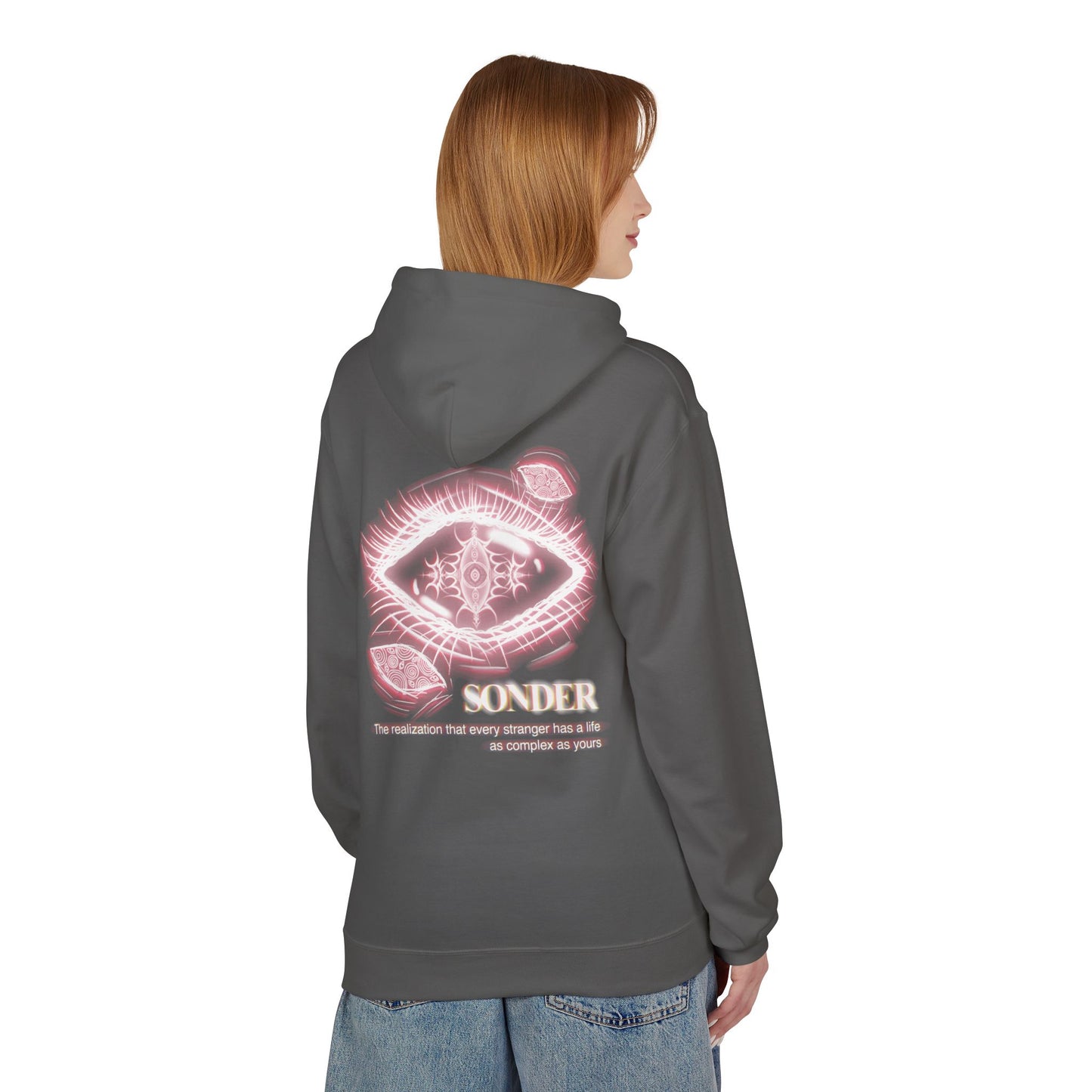 Sonder eye illustration Hoodie | Back graphic, neon pink text