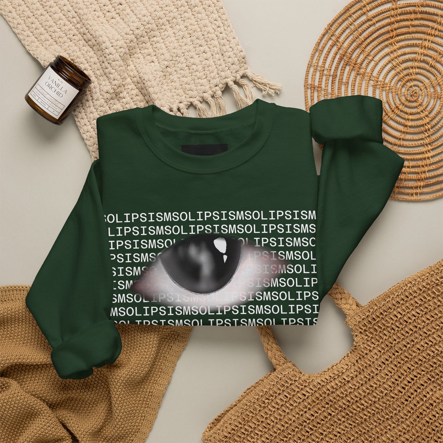 Solipsism Eye Graphic Crewneck Sweatshirt | Typographic Sleeve Print