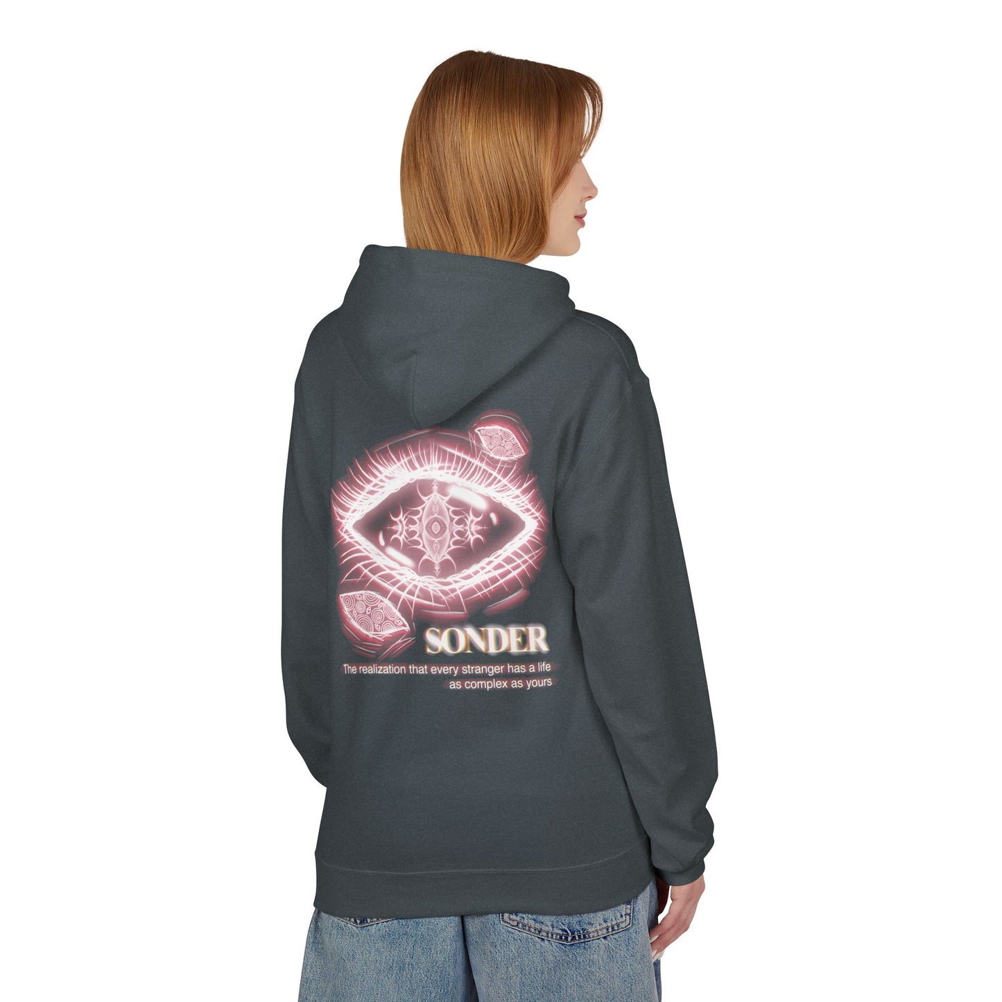 Sonder eye illustration Hoodie | Back graphic, neon pink text