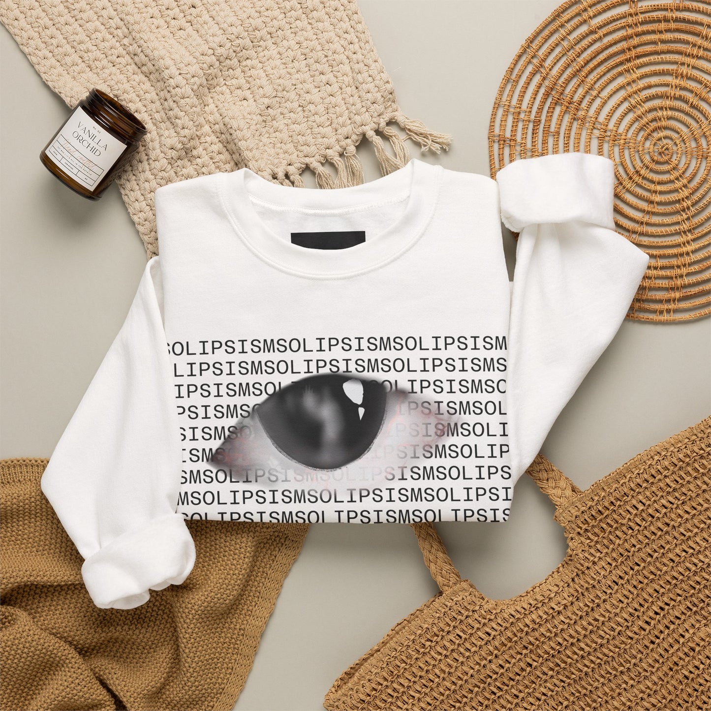 Solipsism Eye Graphic Crewneck Sweatshirt | Typographic Sleeve Print