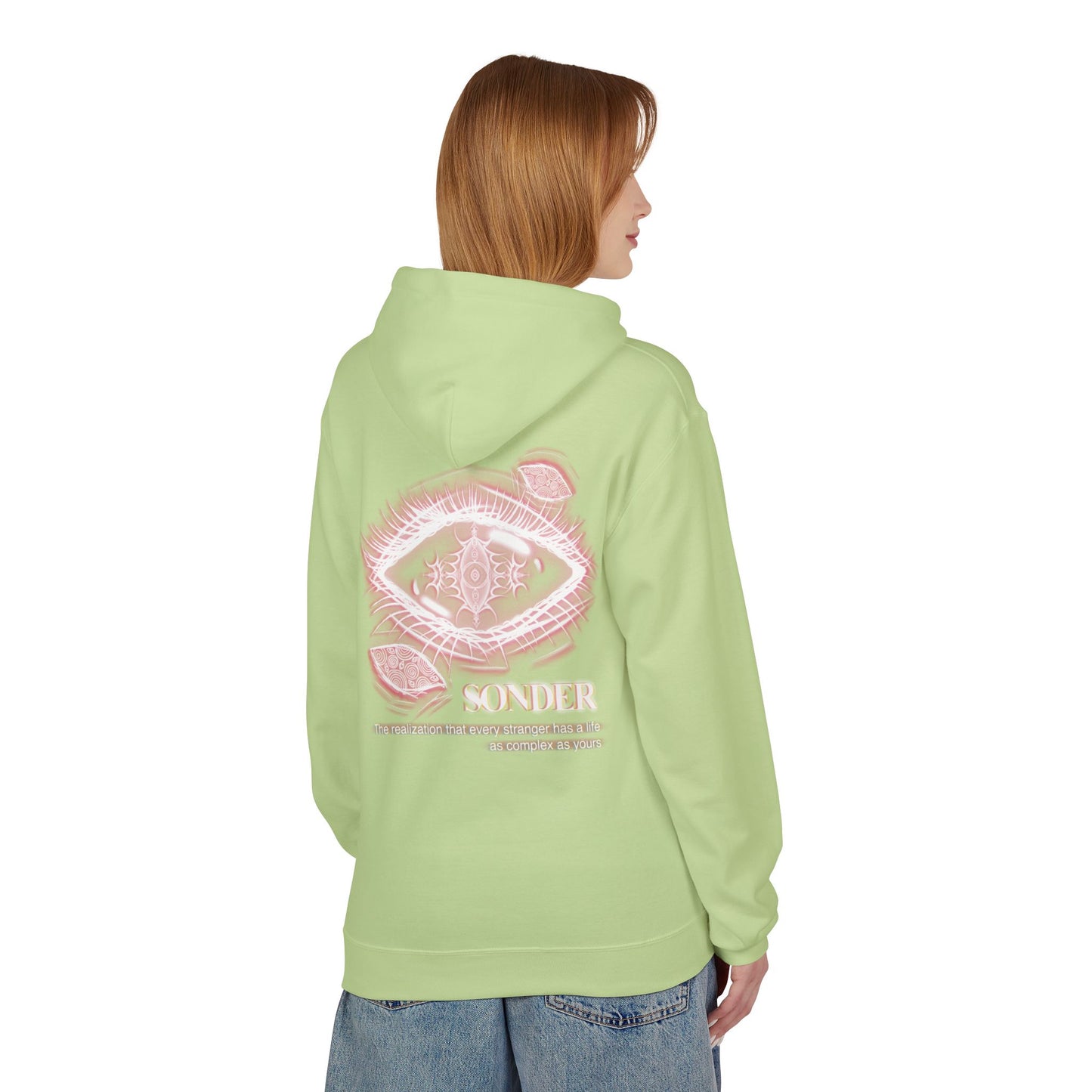 Sonder eye illustration Hoodie | Back graphic, neon pink text