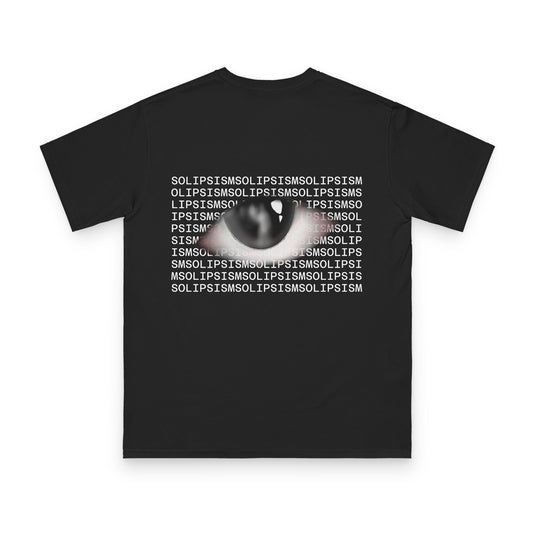 Monochrome Eye with Repeated Text T-Shirt | Graphic Back Print