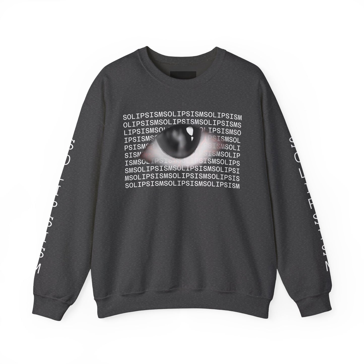 Solipsism Eye Graphic Crewneck Sweatshirt | Typographic Sleeve Print