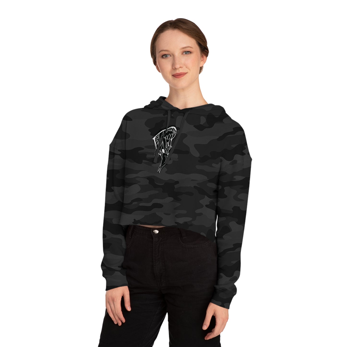 Cropped Hoodie — Black Abstract Shark Graphic